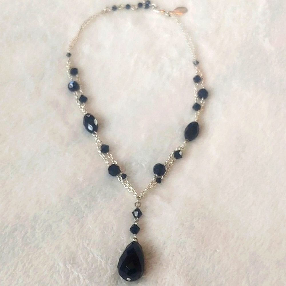 White House Black Market Silver Tone Black Beaded Necklace